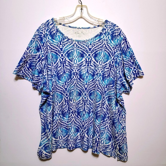 Kim Rogers Woman Blue White Print Tunic Top Plus Size 2X Short Sleeve Cotton - Picture 2 of 8